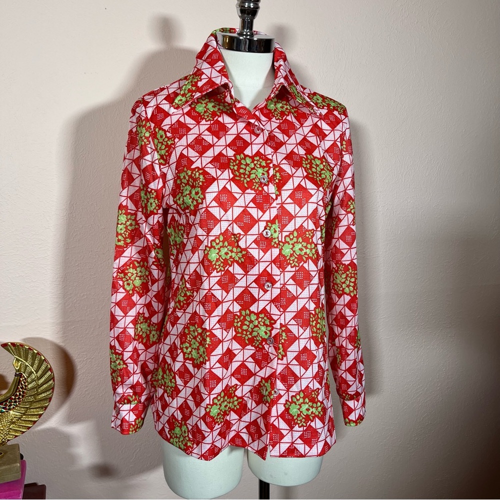 Vintage 1960 70 Western Red Green Gingham wild Print floral Dagger Collar Shirt - Picture 17 of 17